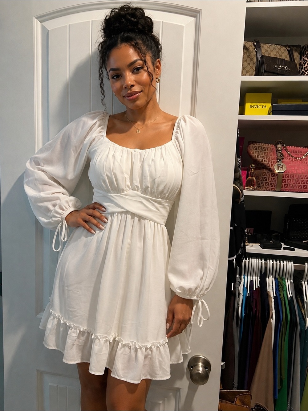 She + Sky White Puff-Sleeve Ruffle Mini Dress